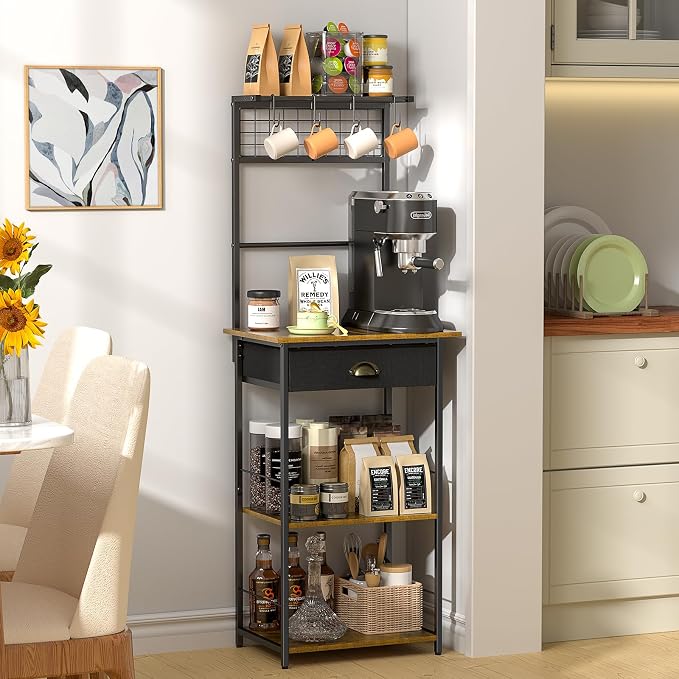 5 Tier Coffee Bar Station with Drawer, Kitchen Stand with 4 S-Shaped Hooks - Image 4