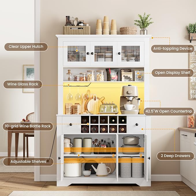 GAOMON 69" Pantry Cabinet with LED Light & Charging Station, Kitchen Pantry - Image 3