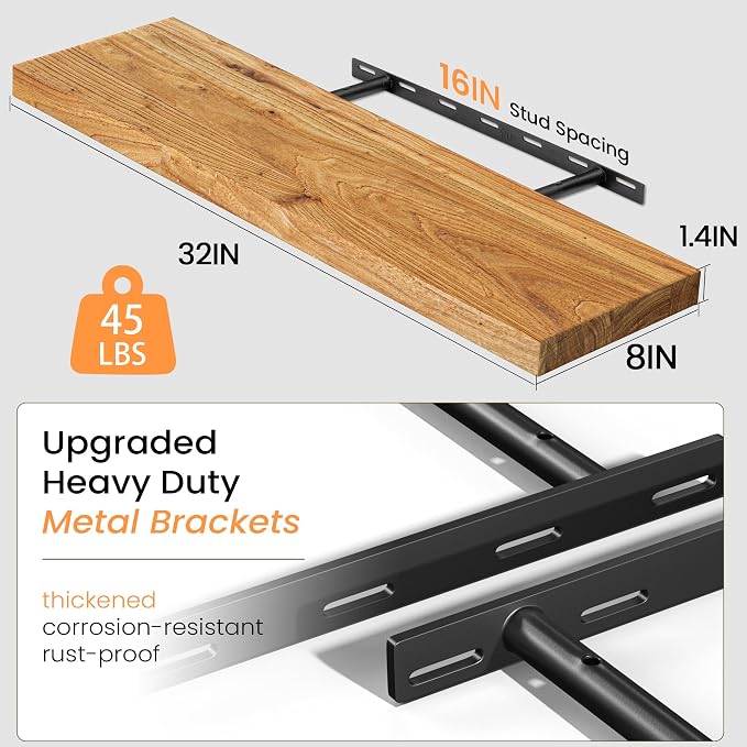 Fun Memories Floating Shelves for Wall Set of 2, Rustic Solid Elm Wood Wall - Image 3