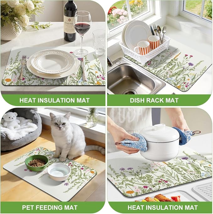 LOKHOM Dish Drying Mat for Kitchen Counter, Wildflower Floral Dish Drainer Rack - Image 6