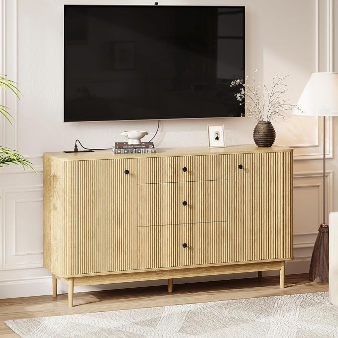 59" Buffet Cabinet with Drawers, Large Fluted Sideboard Buffet Storage Cabinet - Image 9