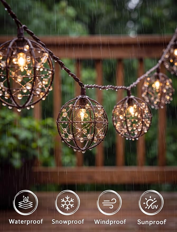 Abeja LED Outdoor Patio Lights, 8.5Ft Beaded Copper Wire Ball Style Lantern - Image 3