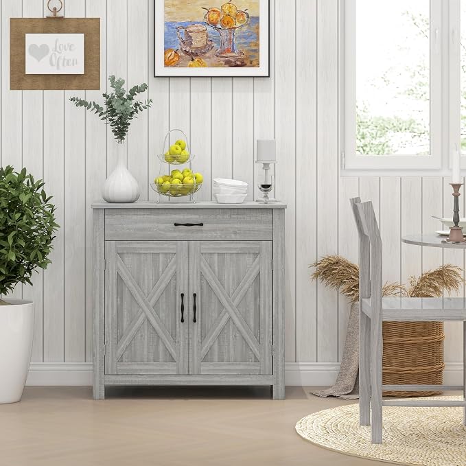 HOMCOM Farmhouse Sideboard Buffet Cabinet, Barn Door Coffee Bar Cabinet - Image 2