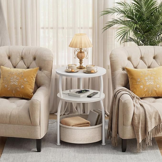 Round Side Table with Charging Station, USB Type C Port, Tall Side Table - Image 2