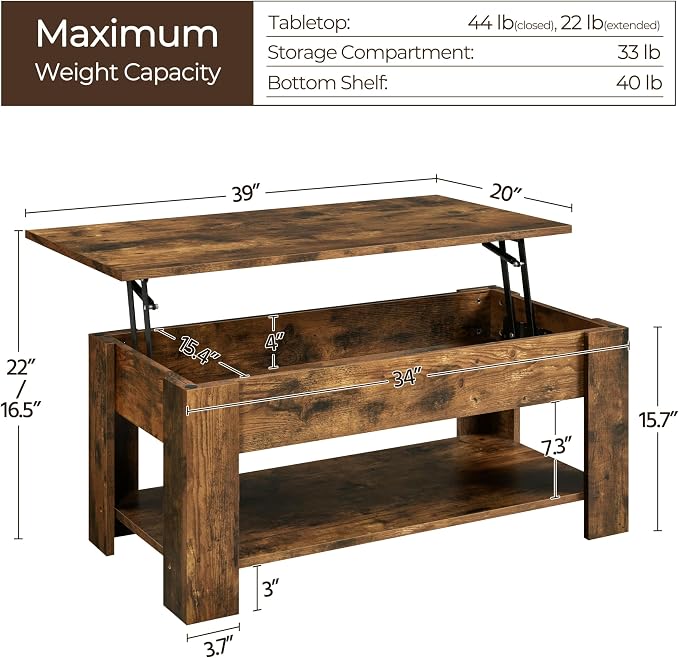 Yaheetech Coffee Table, Lift Top Coffee Table - Image 3