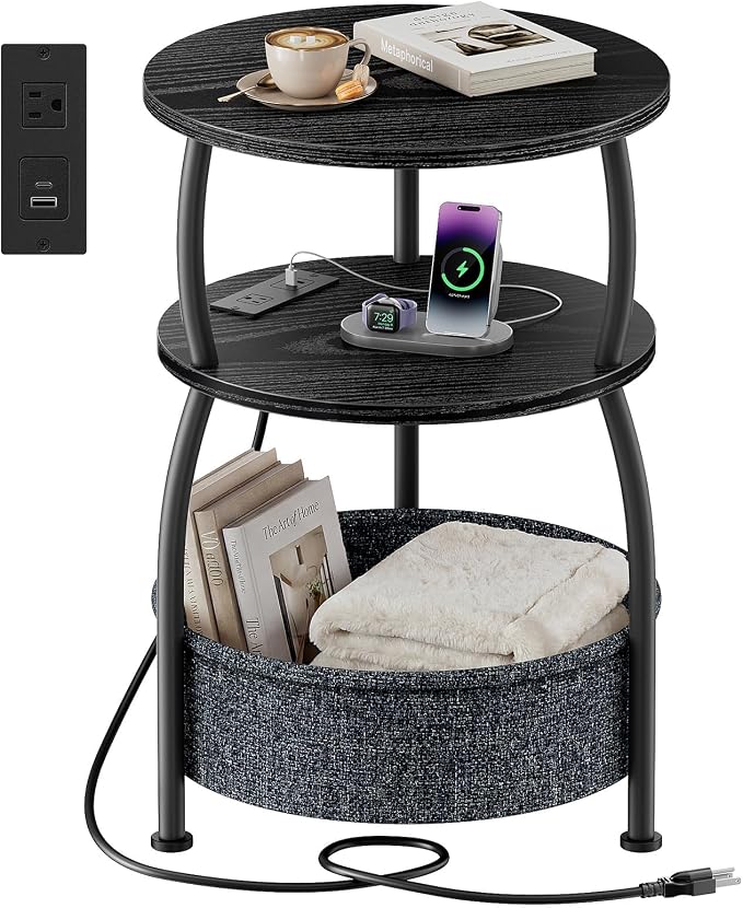 Round Side Table with Charging Station, USB Type C Port, Space Saving, Tall by designyourhome