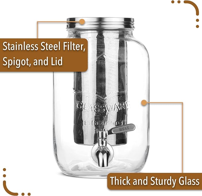 BTaT- 1 Gallon Cold Brew Coffee Maker, Thick Glass Pitcher | Stainless Steel - Image 3