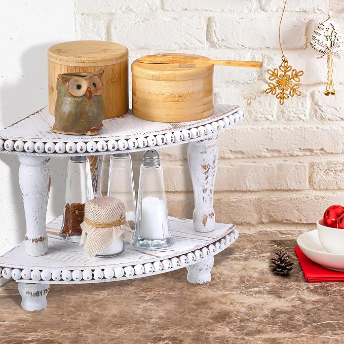 Kigley 2 Tiered Corner Riser for Kitchen Counter Wood Beaded Corner Shelf White - Image 6