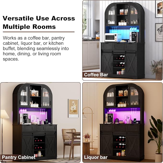 72" Tall Arched Pantry Cabinet w/Power Outlet, LED Lights, 3 Drawers, Glass Door - Image 8