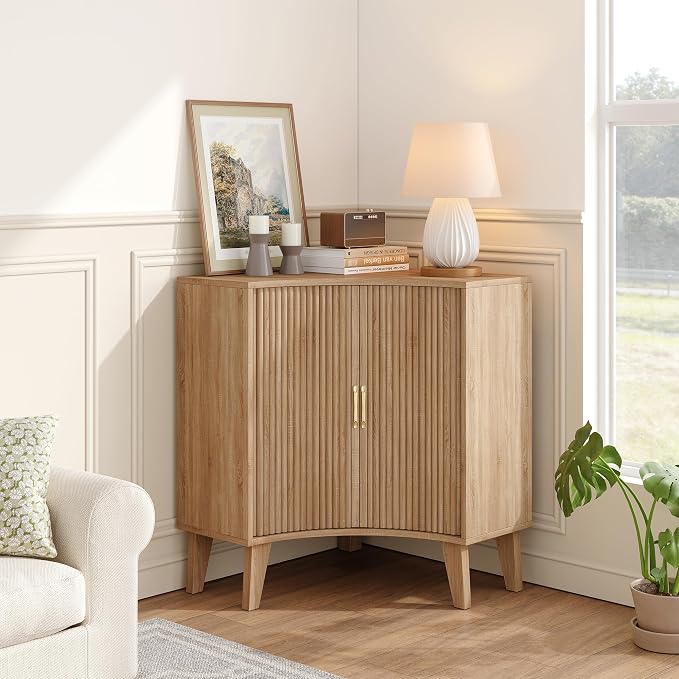 Fluted Corner Cabinet, Small Corner Floor Cabinet by Vudanfe