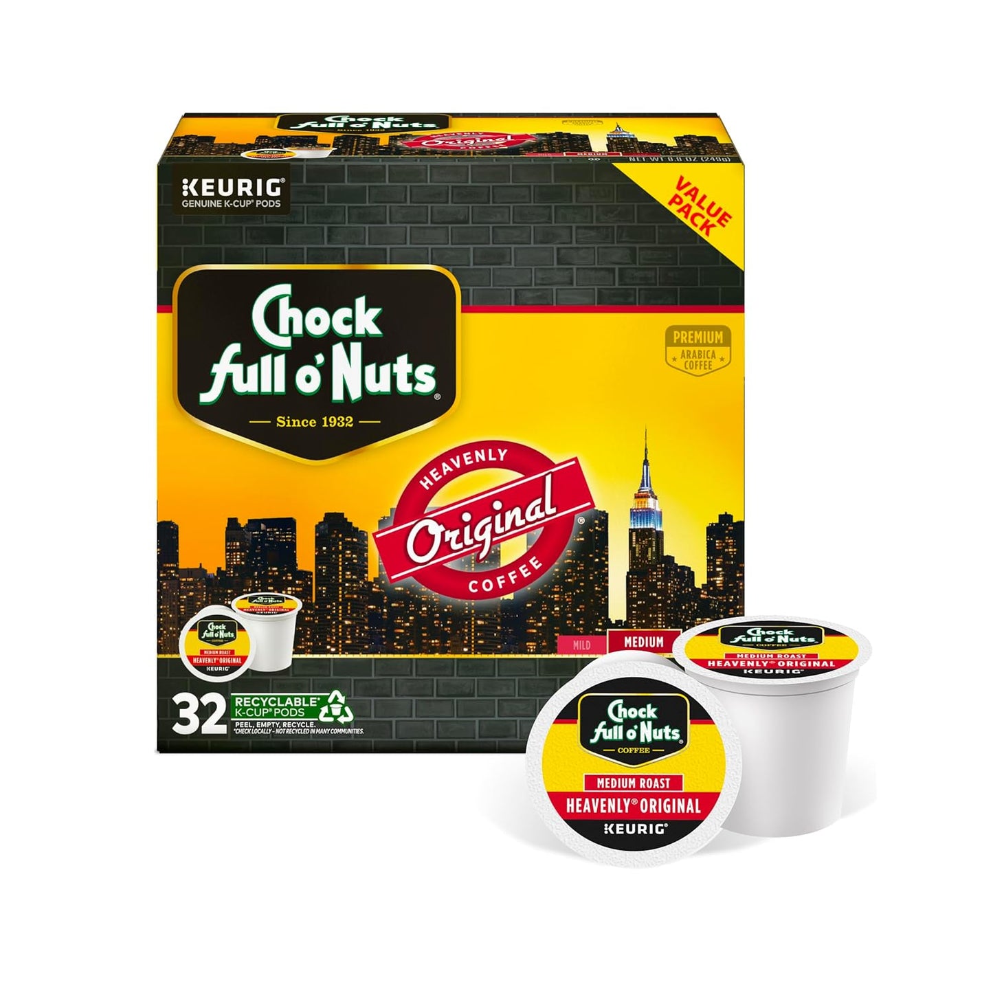 Chock full o’Nuts Heavenly Original Keurig K-Cup Pods for Keurig Brewers – Premium Arabica, Medium Roast – Single Serve – 1 Pack of 32 K-Cup Pods