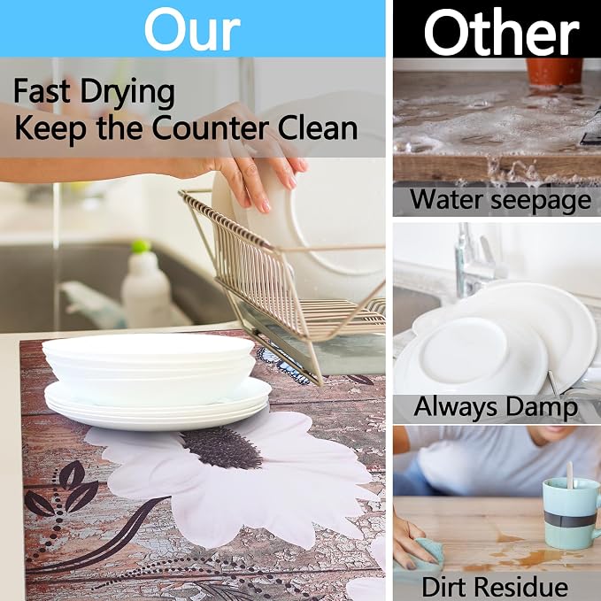 Dish Drying Mat For Kitchen Counter Absorbent Non-Slip Rubber Backed, Rustic - Image 5
