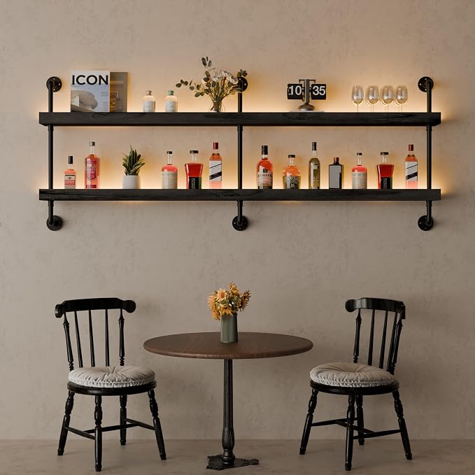 Wall Mounted Wine Rack with LED Light, LED Industrial Pipe Liquor Bar Shelves - Image 7