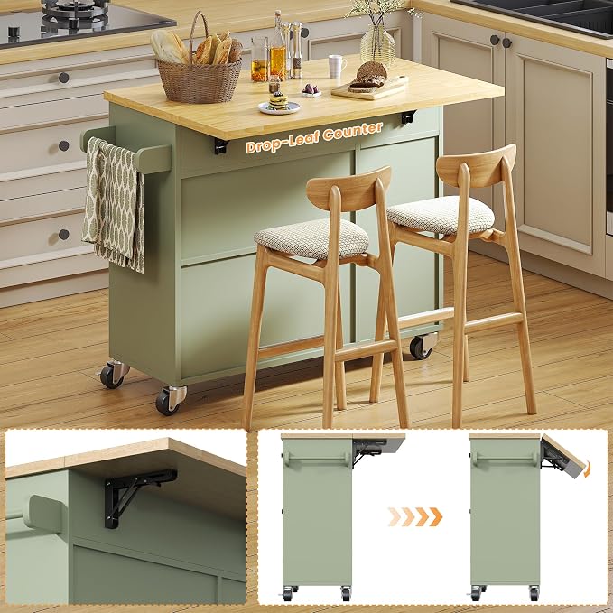 Bigbiglife Kitchen Island with Drop Leaf, Island Table on Wheels with Storage - Image 3