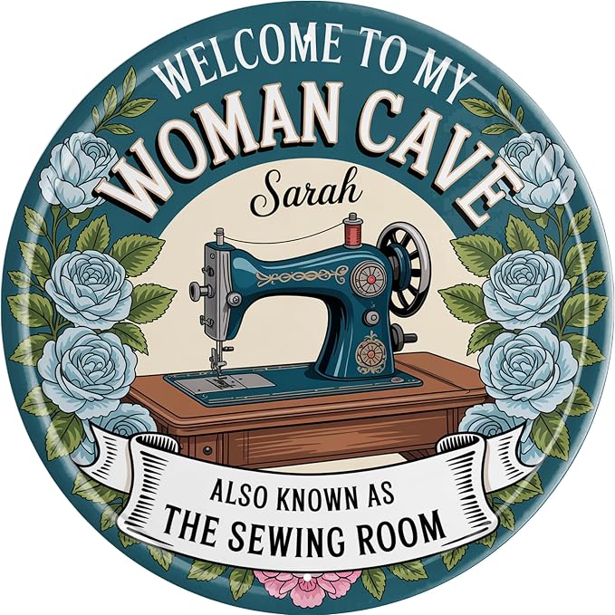 AWISZZZ Woman Cave Sewing Room Metal Sign 8x8in Round Vintage Plaque by AWISZZZ