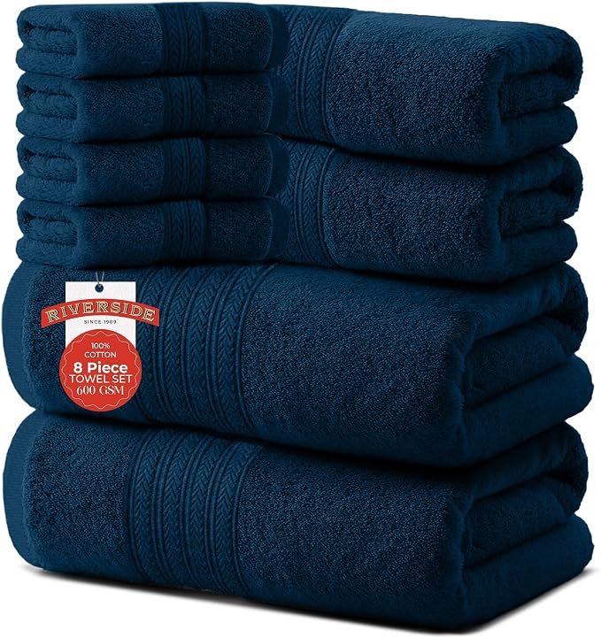 RIVERSIDE Pack of 8 Towels Set, 2 Large Bath, 2 Hand, 4 Face Washcloths by RIVERSIDE