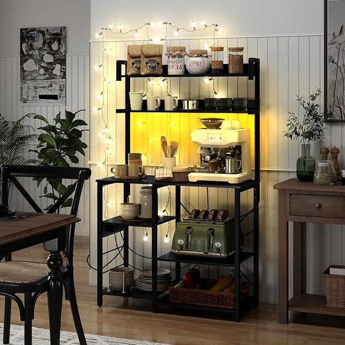 Giantex Bakers Rack with Power Outlet and LED Lights, 7-Tier Microwave Stand - Image 2