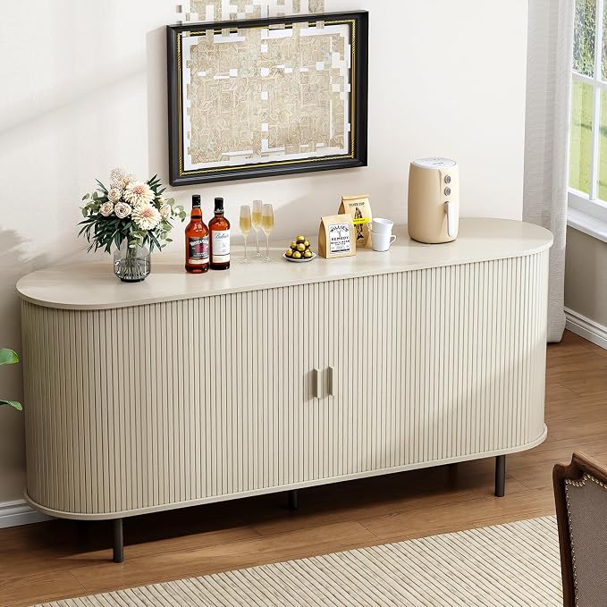 Buffet Cabinet with Storage, Fluted Sideboard Buffet with Sliding Door - Image 5