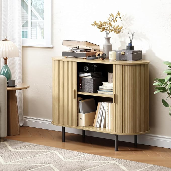 Buffet Cabinet with Storage, Fluted Sideboard Buffet with Sliding Door - Image 8
