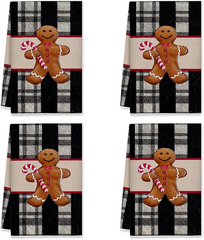 Gingerbread Kitchen Towels, Christmas Festive Candy Cane Plaid Christmas Black by Unknown