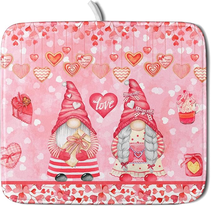 Pink Gnomes Dish Drying Mat 16x18 Inch, Valentine's Day Love Hearts Absorbent by Kawani