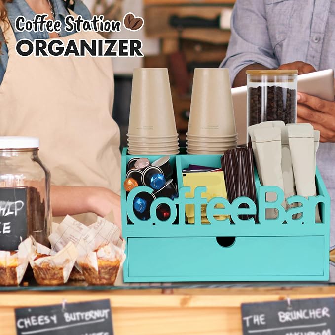 Coffee Bar Organizer Countertop, Wood Coffee Station, Turquoise | K-Cups - Image 6