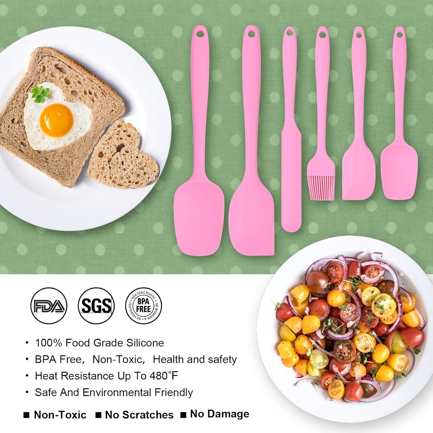 Heat Resistant Silicone Spatulas Set Food Grade Silicone Seamless One Piece Design BPA-Free,Non-Stick,Dishwasher Safe,Cooking and Mixing Set of 6PCS-pink(pink)
