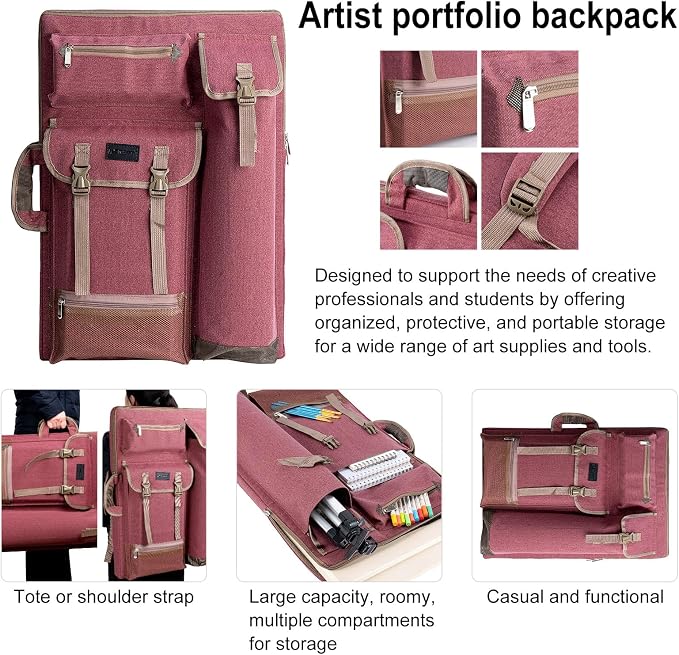 TRANSON Art Portfolio Case Artist Backpack Canvas Bag Large 26” x 19.5” - Image 2