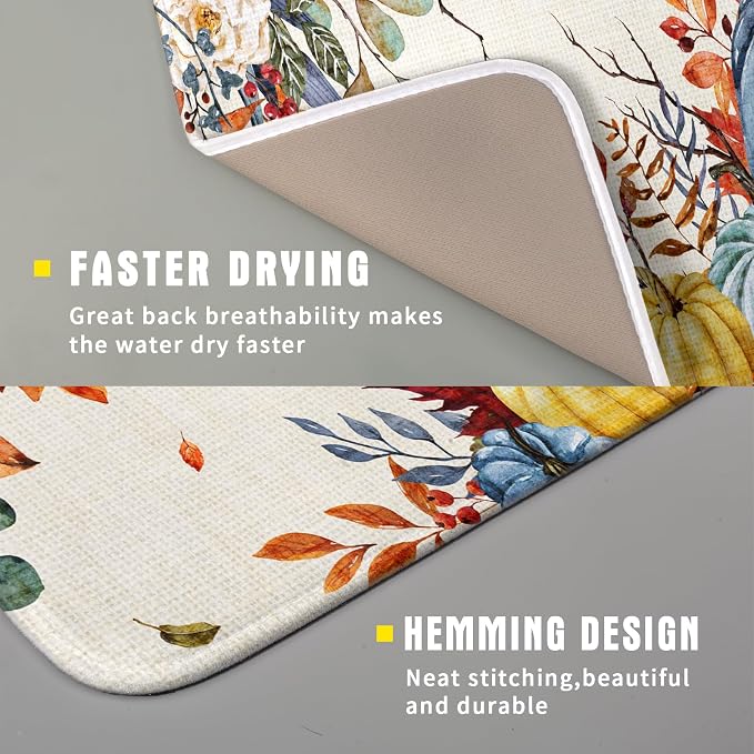 Giwawa Fall Dish Drying Mat for Kitchen Countertop, Watercolor Autumn Teal Blue - Image 3