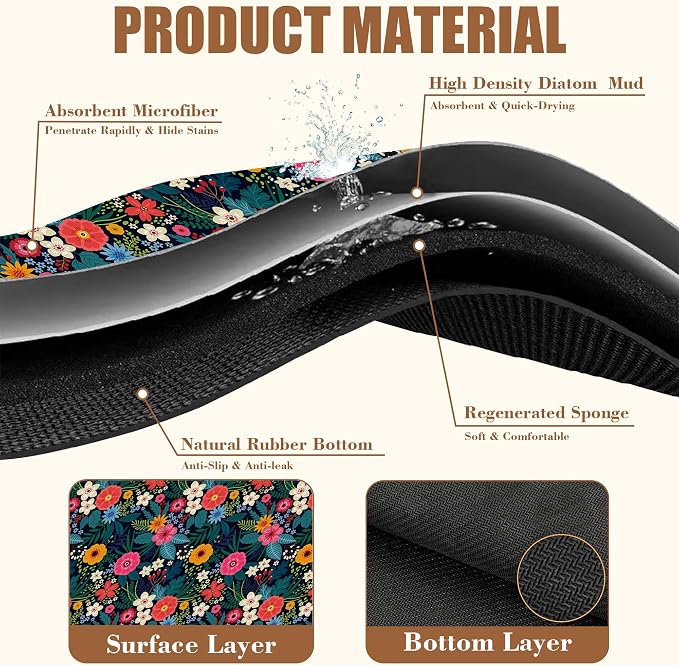 Dish Drying Mat Colorful Flowers and Leaves Coffee Bar Mat - Image 3