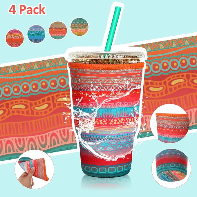Patelai 4 Pack Reusable Iced Coffee Insulator Sleeve, Neoprene Coffee Cup Holder - Image 4