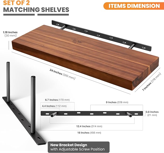 BATODA Set of 2 24" Acacia Wood Floating Shelves Wall Mounted – Rustic - Image 2
