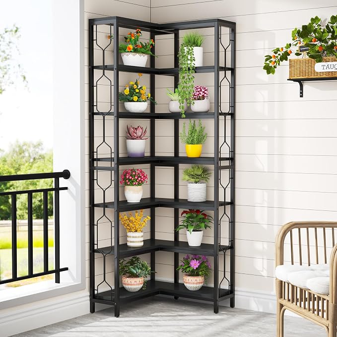Tribesigns Corner Shelf, 7-Tier Industrial Corner Bookshelf, Wood and Metal - Image 4