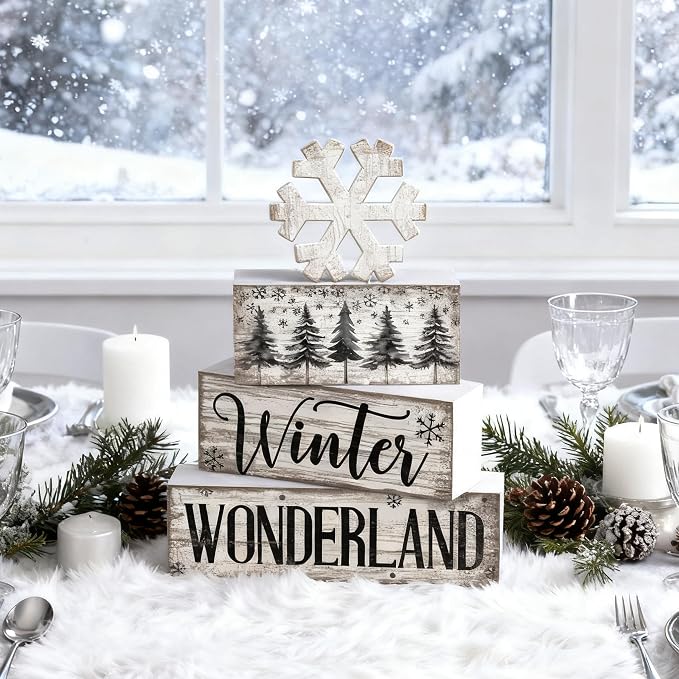 Lineshading 4 Pcs Winter Table Decorations Wooden Snowflake Decor Winter Tiered - Image 6