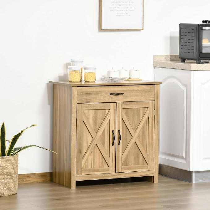 HOMCOM Farmhouse Sideboard Buffet Cabinet, Barn Door Coffee Bar Cabinet - Image 2