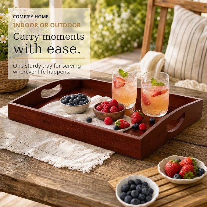 Comfify Dark Brown Bamboo Serving Trays Set of 3 – Nesting Ottoman Trays | - Image 6
