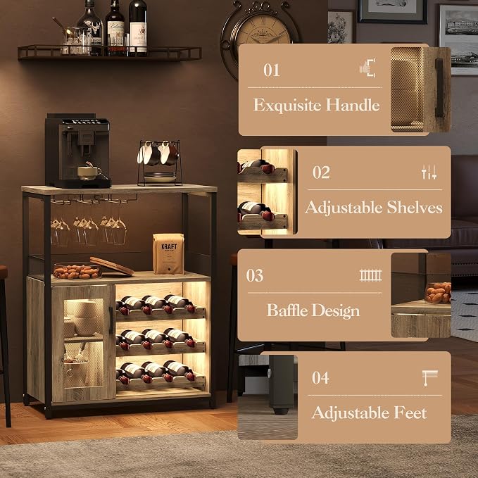 3-Tier Wine Bar Cabinet with LED Lights & Wine Rack, Wine Cabinet with Storage - Image 8
