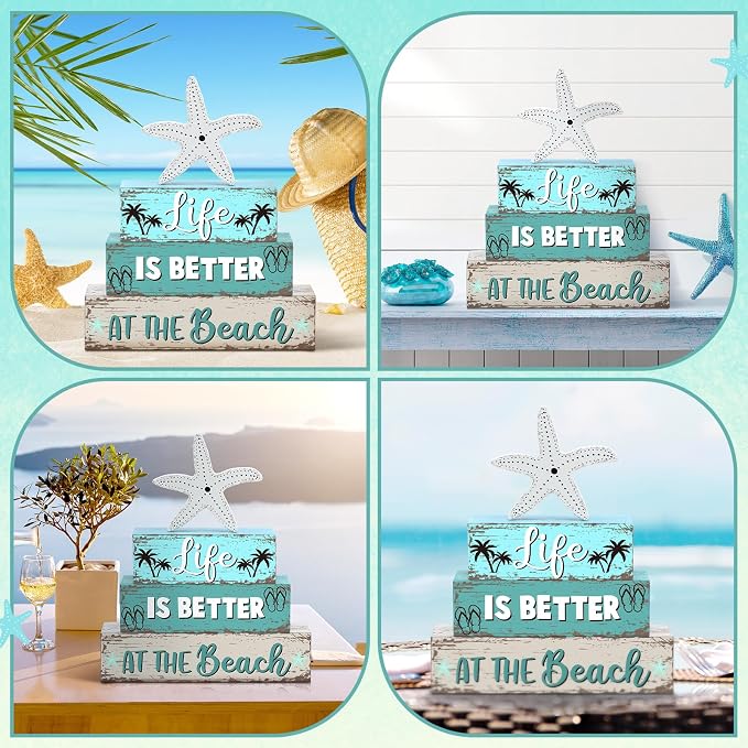 Geelin 4 Pcs Summer Table Decorations Ocean Life Better Wooden Block Signs - Image 4
