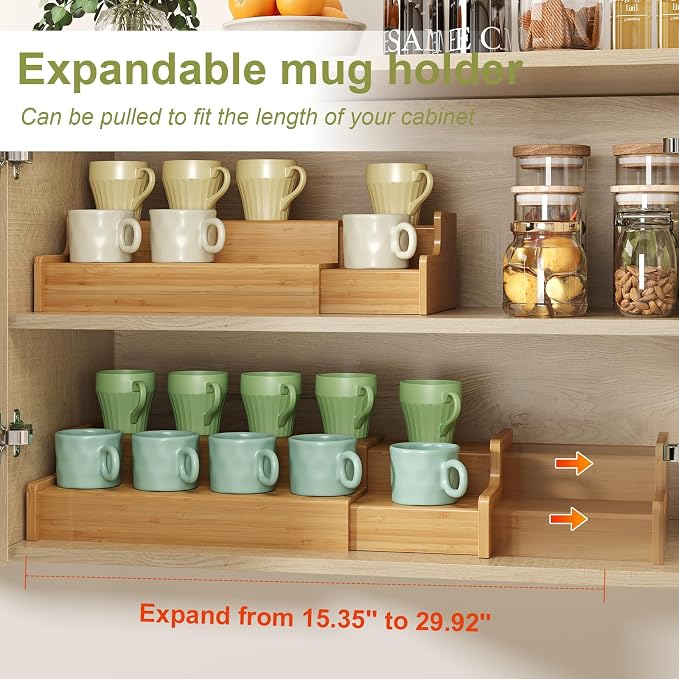 Hongtamoya 2-Tier Expandable Bamboo Mug Holder Coffee Mug Rack Organizer - Image 6