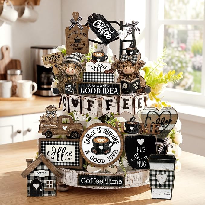 Mifoci 23 Pcs Coffee Tiered Tray Decorations Highland Cow Wooden Farmhouse - Image 7