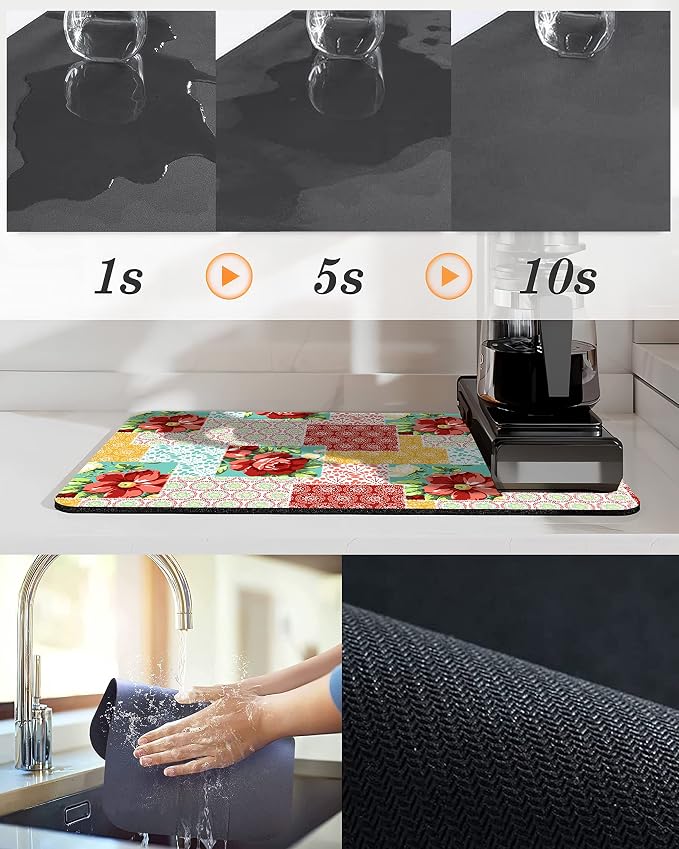 Coffee Bar Mat Accessories for Countertop Pioneer Flower Absorbent Hide Stain - Image 4