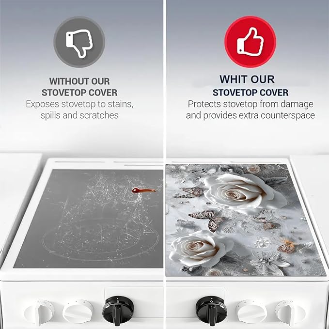 White Rose Butterfly Stove Top Cover 28.3 x 20.5 Inches, Heat Resistant Glass - Image 7