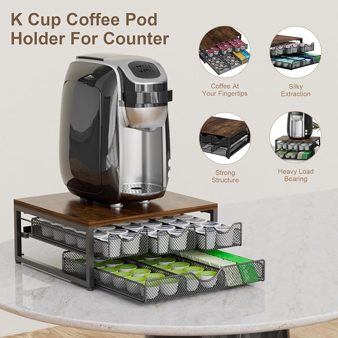 Coffee Pod Holder For Counter, 3 Pull-Out 72 K-Cup Holder Drawer, Wooden Cafe - Image 4