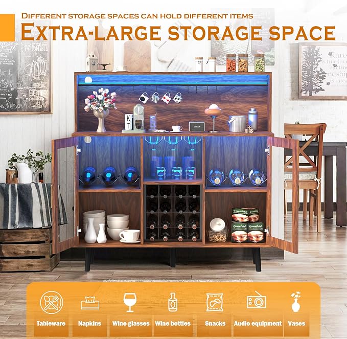 TITIMO Wine Bar Cabinet with LED Light, Coffee Cabinet with Wine Rack and Glass - Image 4