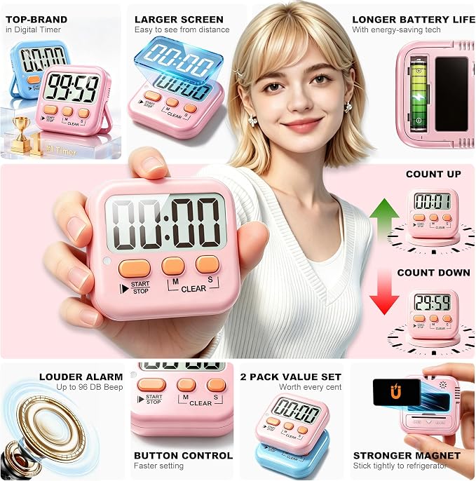 Antonki 2 Pack Digital Timer for Kids, Magnetic Countdown Kitchen Timers for - Image 4