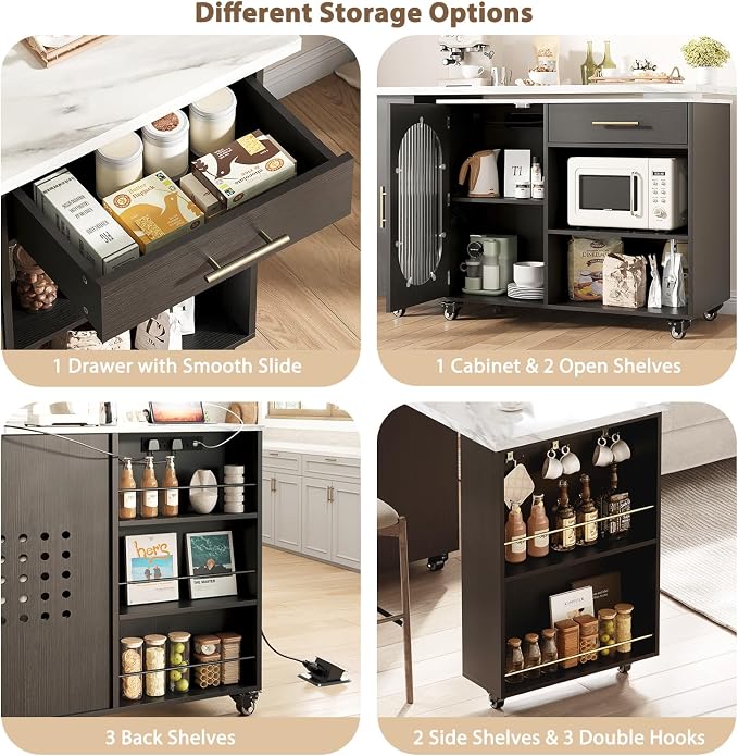 HSH Kitchen Island with 360° Swivel Table & Power Outlet, Rolling Kitchen - Image 7