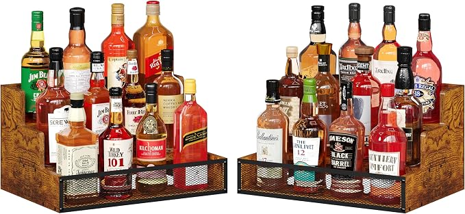 2 Pack 3 Step Countertop Liquor Bottle Display Shelf, Wood Bar Shelves 12 by Yuzehuaza