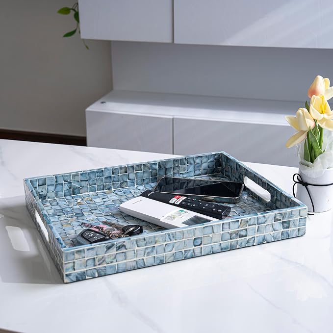 PEMAR Rectangular Mother of Pearl Serving Tray Nacre Wood Lap Ottoman Tray - Image 18