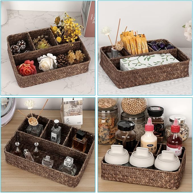 Hipiwe Wicker Basket Bin 4-Section Handwoven Tea Bag Basket Organizer Seagrass - Image 2
