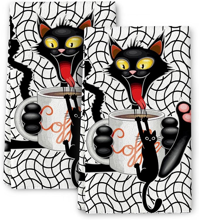 Coffee Cute Cat Kitchen Dish Towels Set of 2 Funny Hand Towels Soft Absorbent by Bapcoku